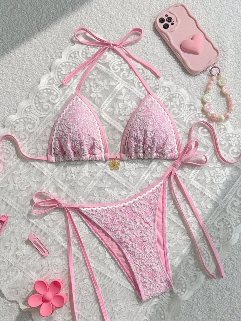 Pink Casual Women's Beach Floral Lace Top Drawstring Bikini